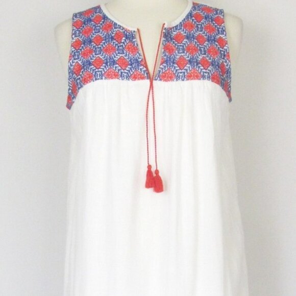 Old Navy Dresses & Skirts - Boho Red, White & Blue Embroidery Sleeveless Linen Peasant Shift Mini dress